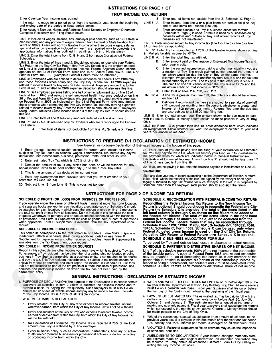 Instructions For Troy Tax Return printable pdf download