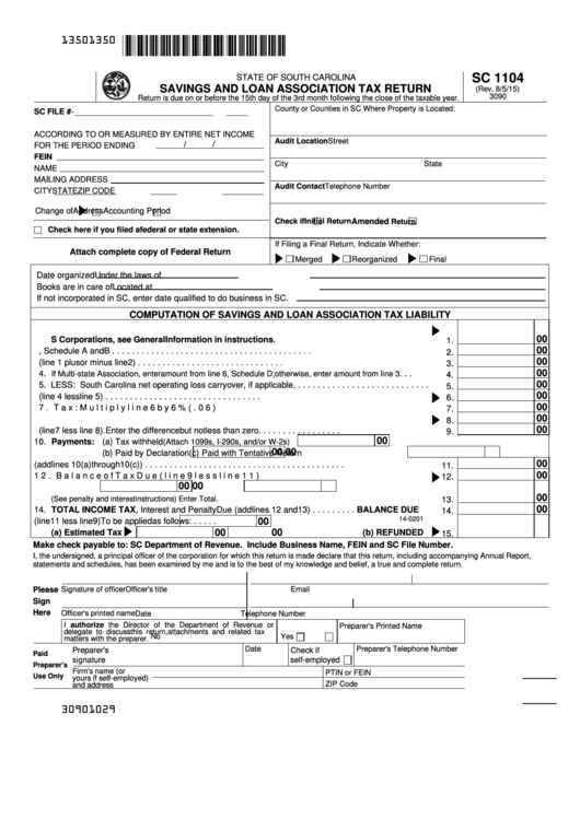 Form Sc 1104 Savings And Loan Association Tax Return 2015 printable