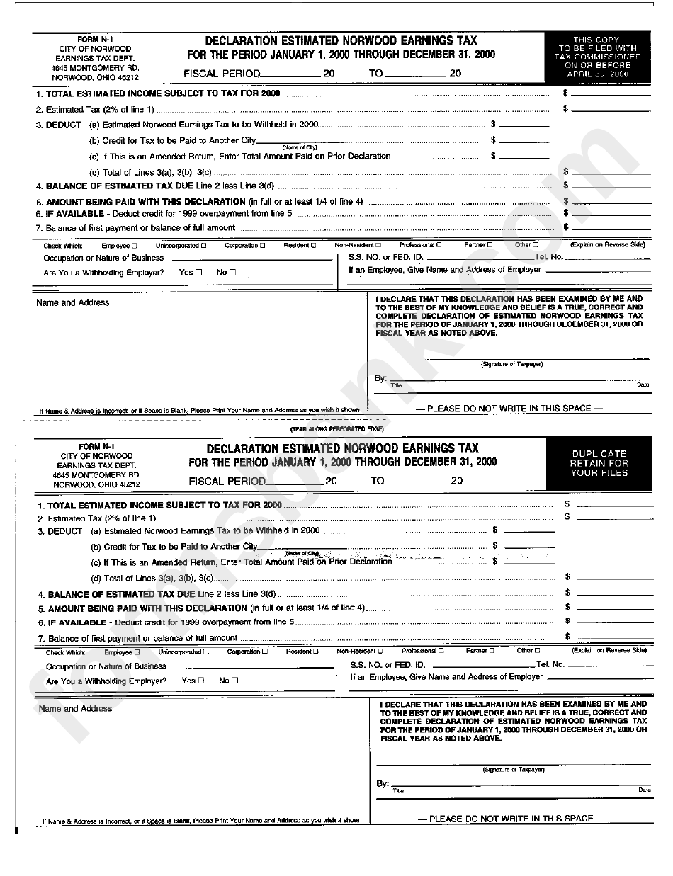 Form N1 Declaration Estimated Norwood Earning Tax 2000 printable