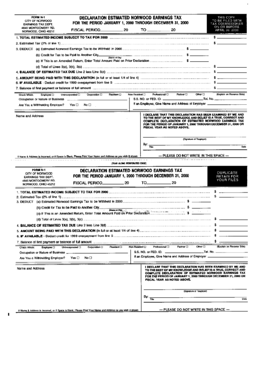 Form N1 Declaration Estimated Norwood Earning Tax 2000 printable