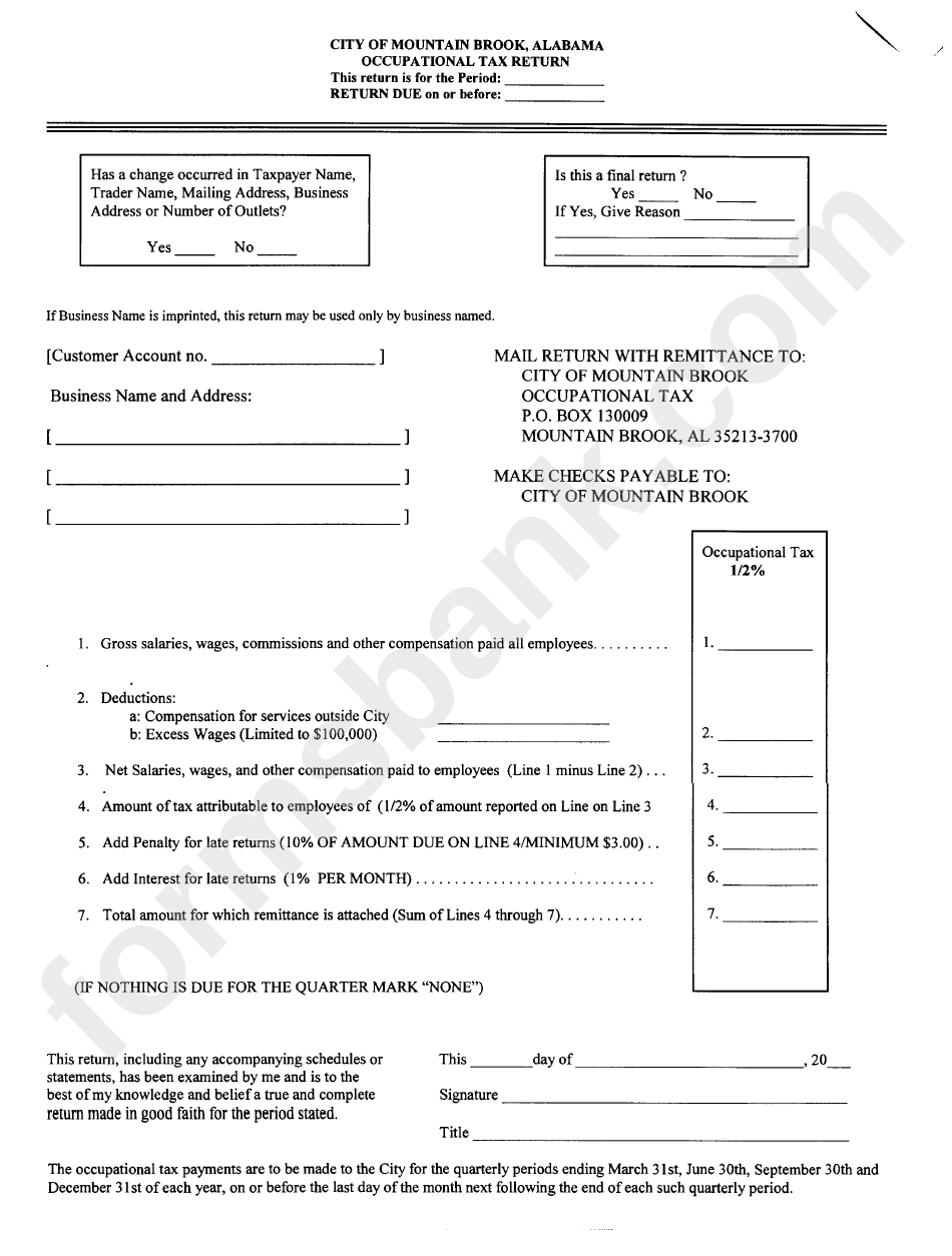 Occupational Tax Return City Of Mountain Brook, Alabama printable pdf