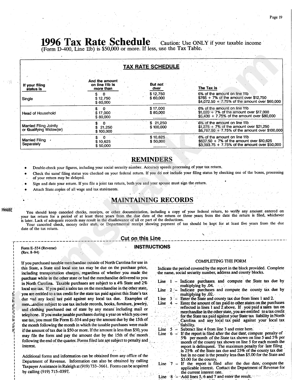 Tax Rate Schedule North Carolina Department Of Revenue 1996