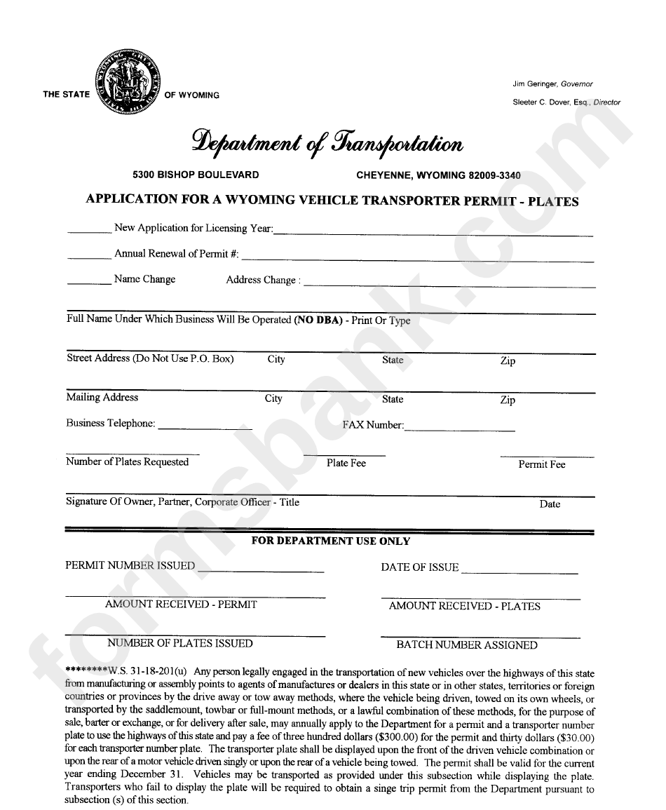 Application For A Wyoming Vehicle Transporter Permit Plates printable