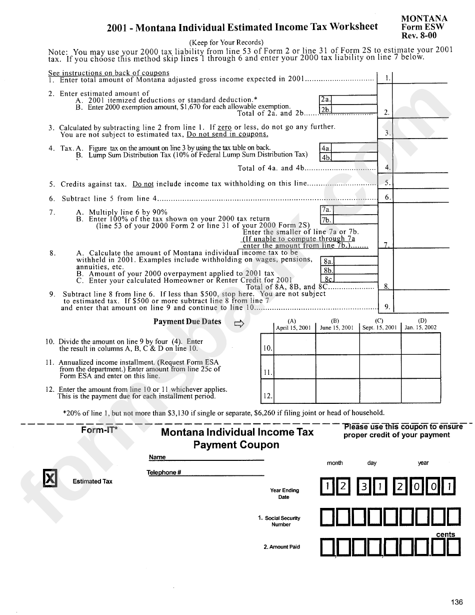 Form It Montana Individual Tax Payment Coupon printable pdf