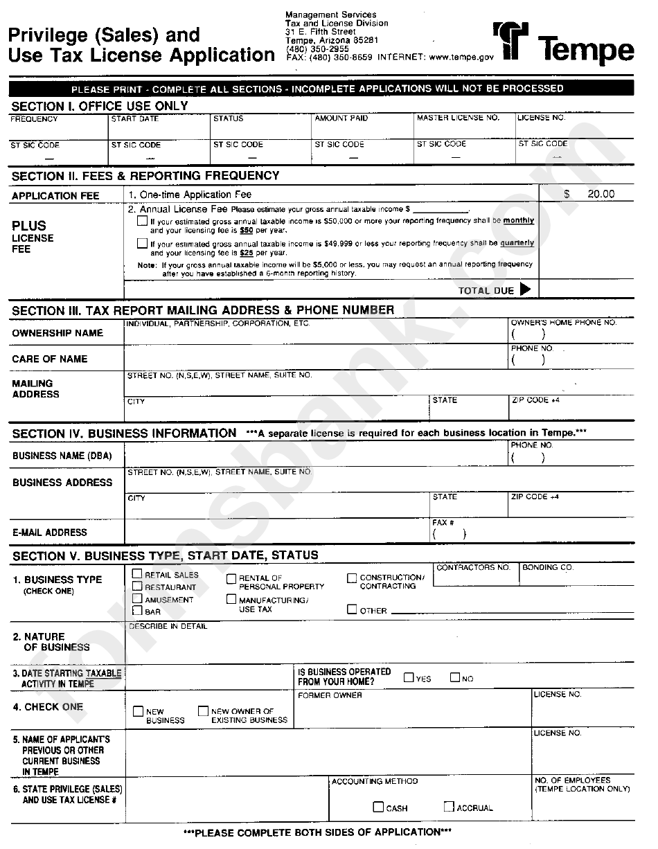 Privilege (Sales) And Use Tax License Application City Of Tempe