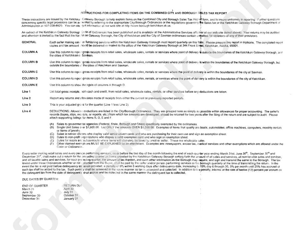 Instructions Fpr Completing Items On The Combined City And Borough Sales Tax Report Ketchikan