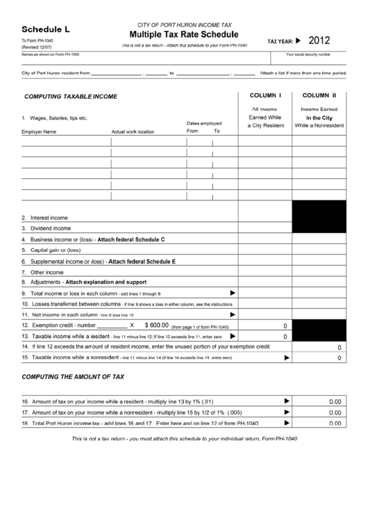Schedule L City Of Port Huron Tax Multiple Tax Rate Schedule