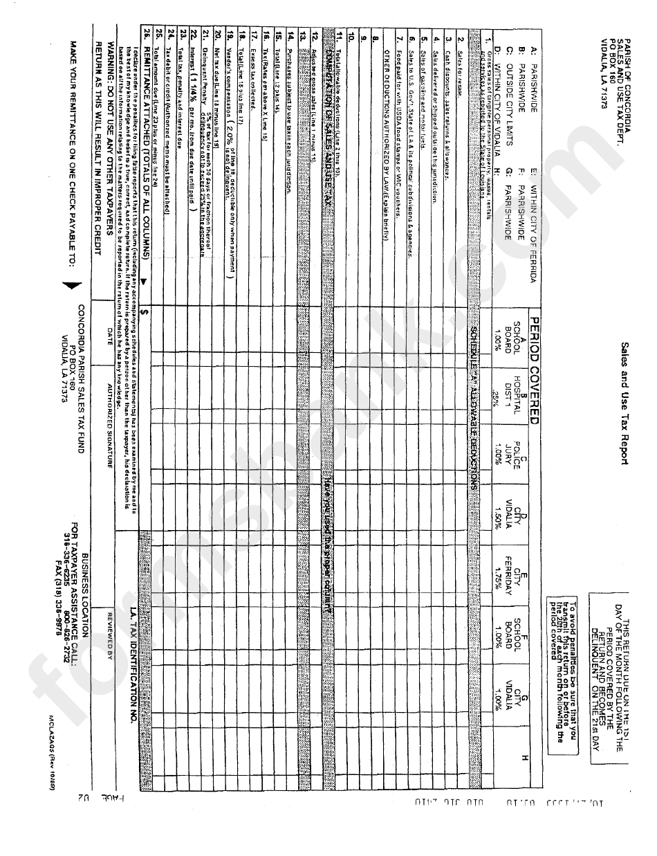 Sales And Use Tax Report Parish Of Concordia, Louisiana printable pdf download