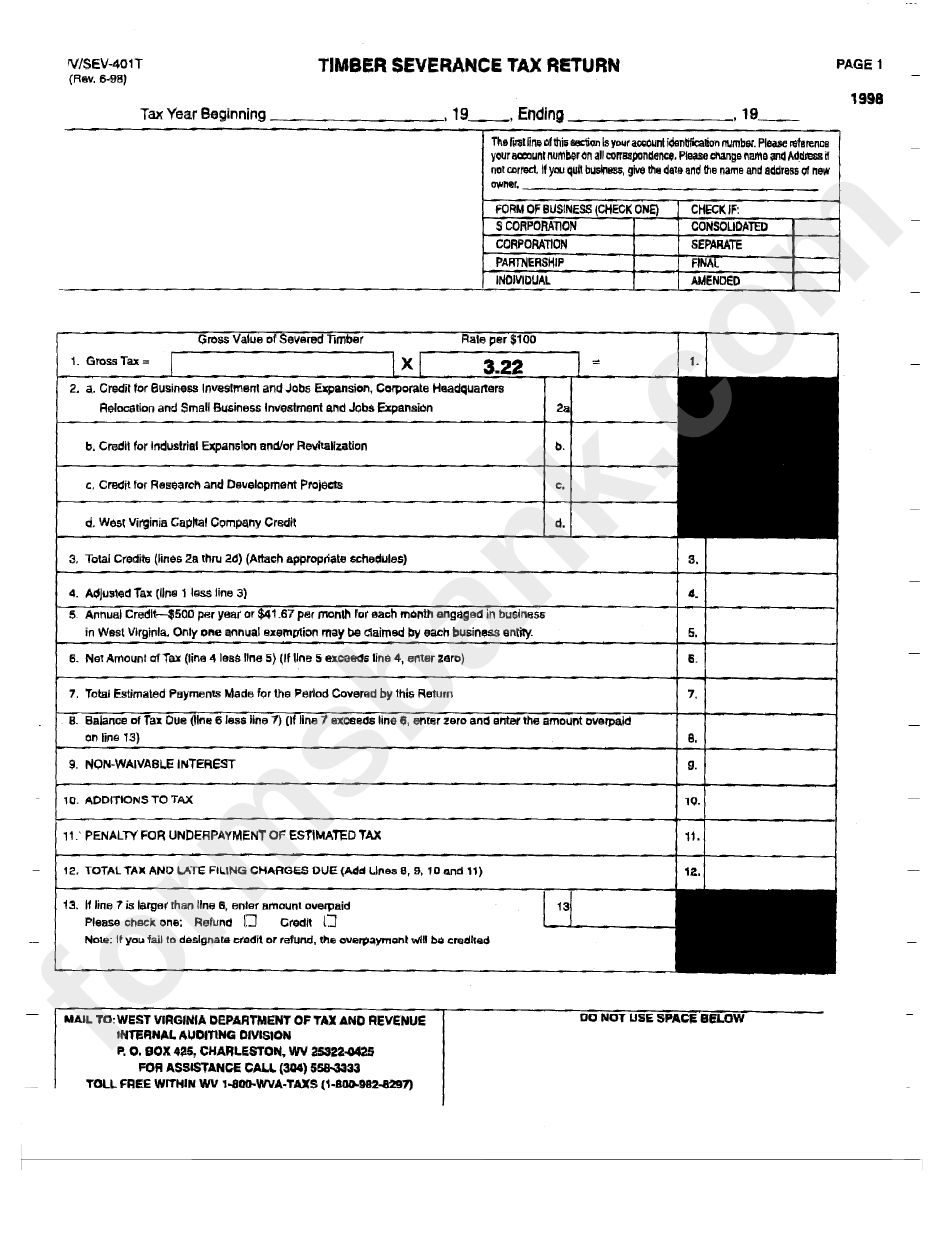 Fillable Form Wv/sev401t Timber Severance Tax Return 1998