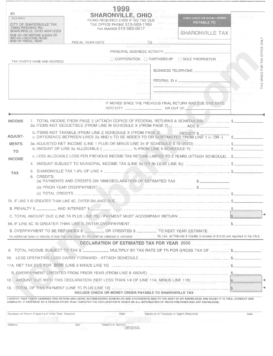 Form Br Sharonville Tax 1999 printable pdf download