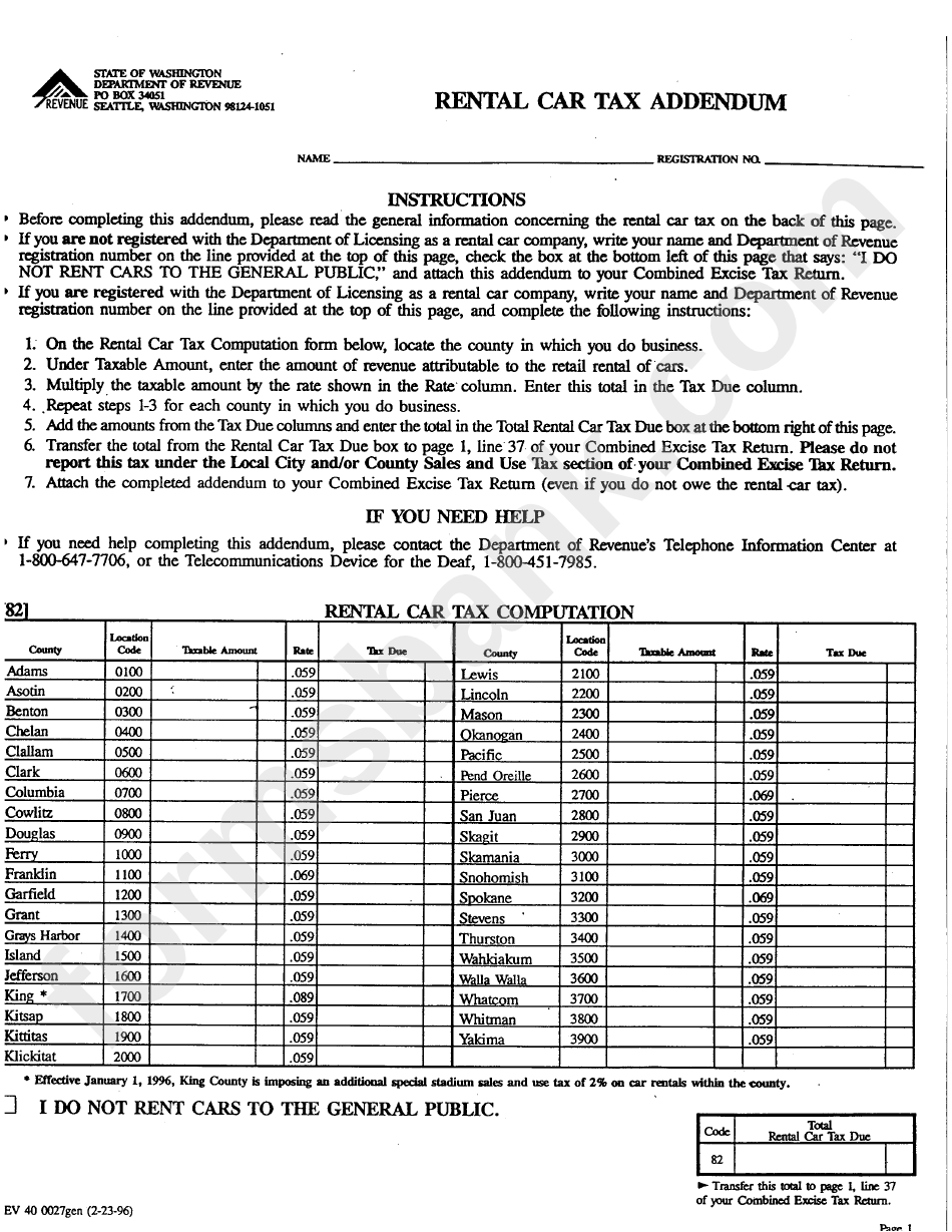 Fillable Rental Car Tax Addendum Washington Department Of Revenue