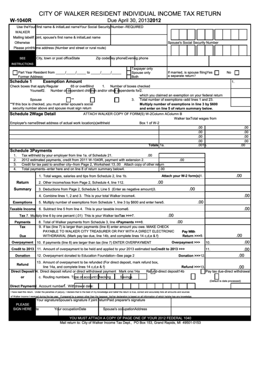 Fillable Form W1040r City Of Walker Resident Individual Tax