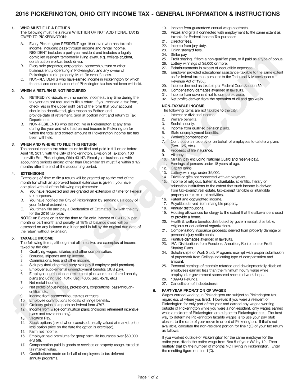 Pickerington, Ohio Tax General Information & Instructions