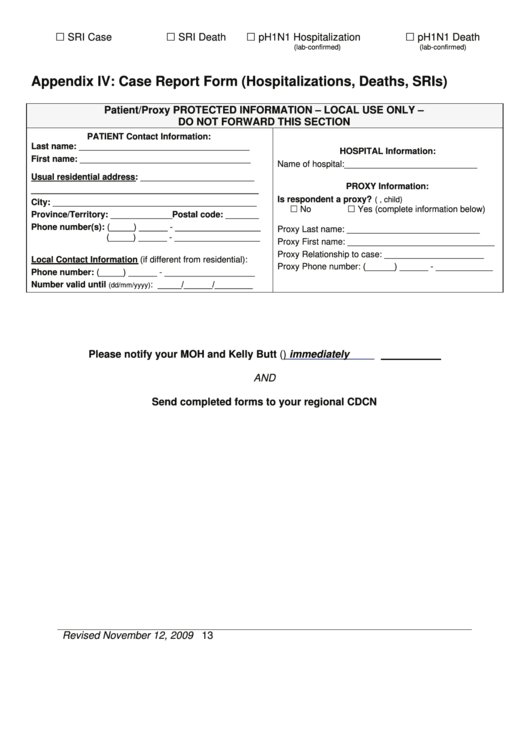 Hospitalization, Death, & Severe Respiratory Illness (Sri) Case Report Form printable pdf download