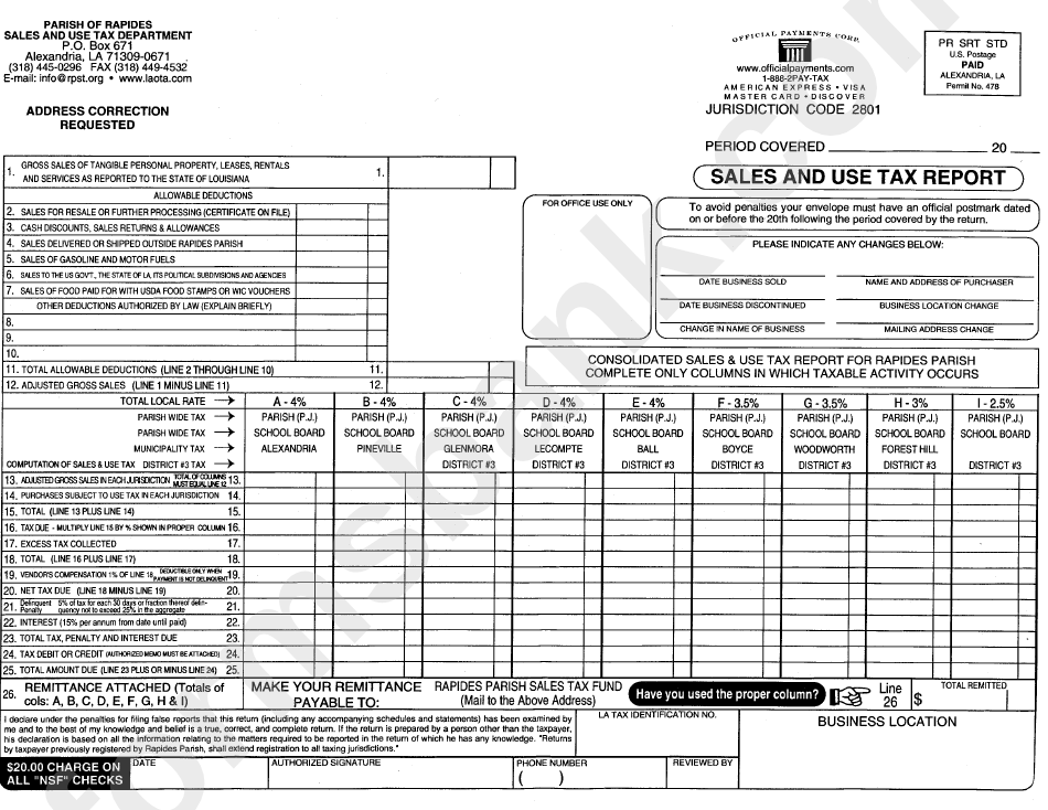 Sales And Use Tax Report Parish Of Rapides printable pdf download