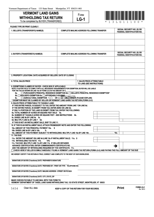 Fillable Form Lg1 Vermont Land Gains Withholding Tax Return
