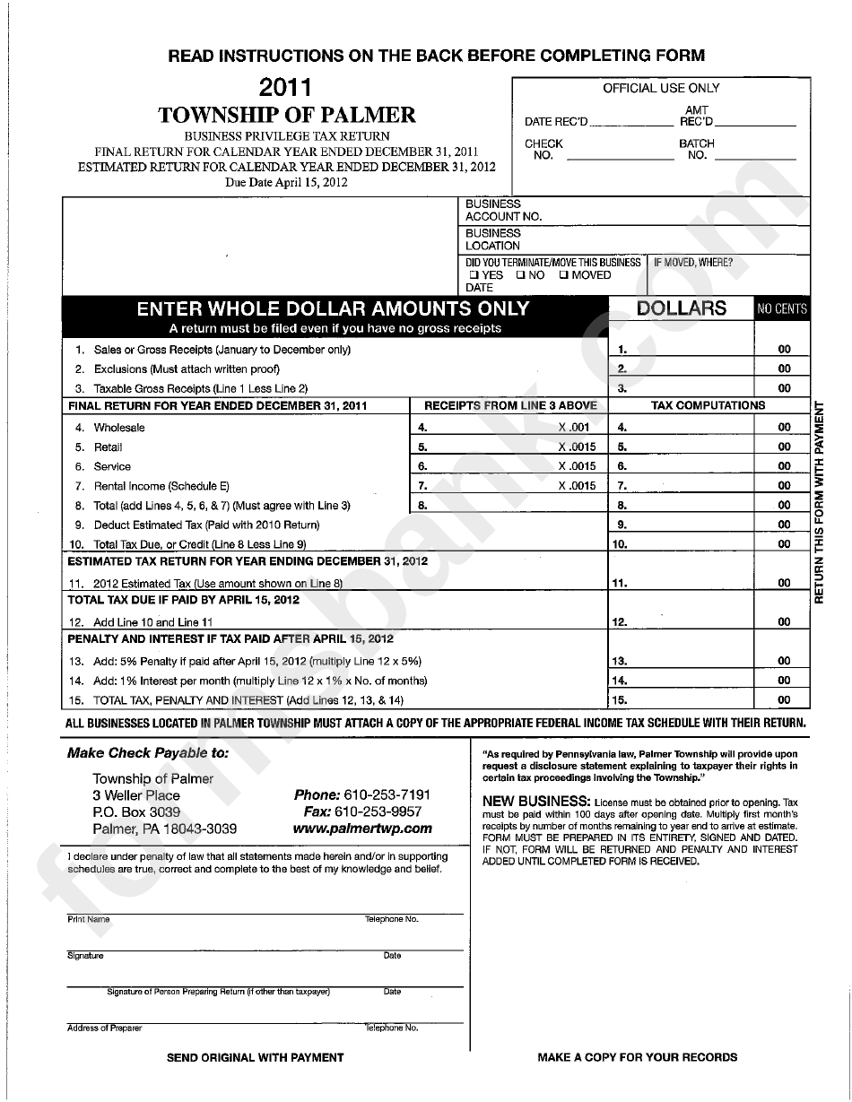 Business Privilege Tax Return 2011 Township Of Palmer printable pdf