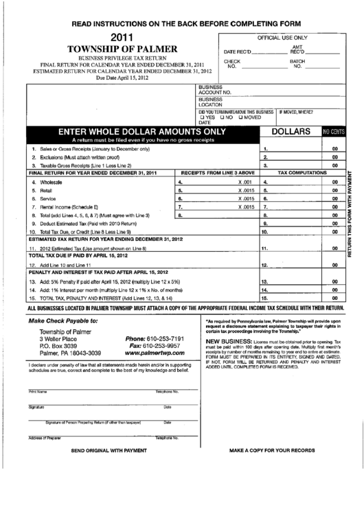 Business Privilege Tax Return 2011 Township Of Palmer printable pdf