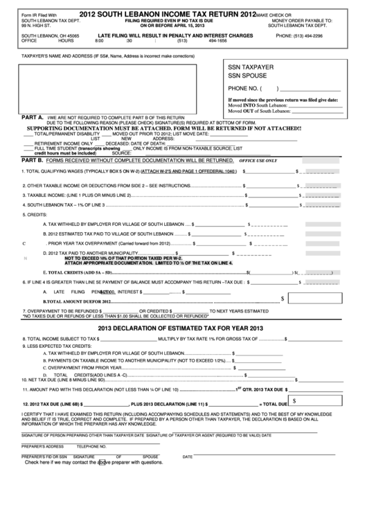 Form Ir South Lebanon Tax Return 2012 printable pdf download