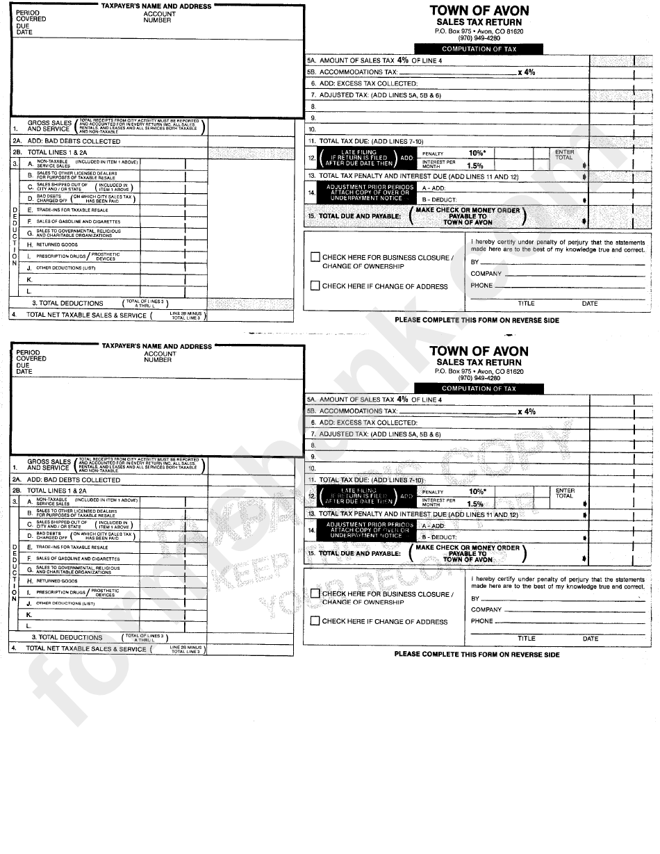 Sales Tax Return Form Town Of Avon printable pdf download