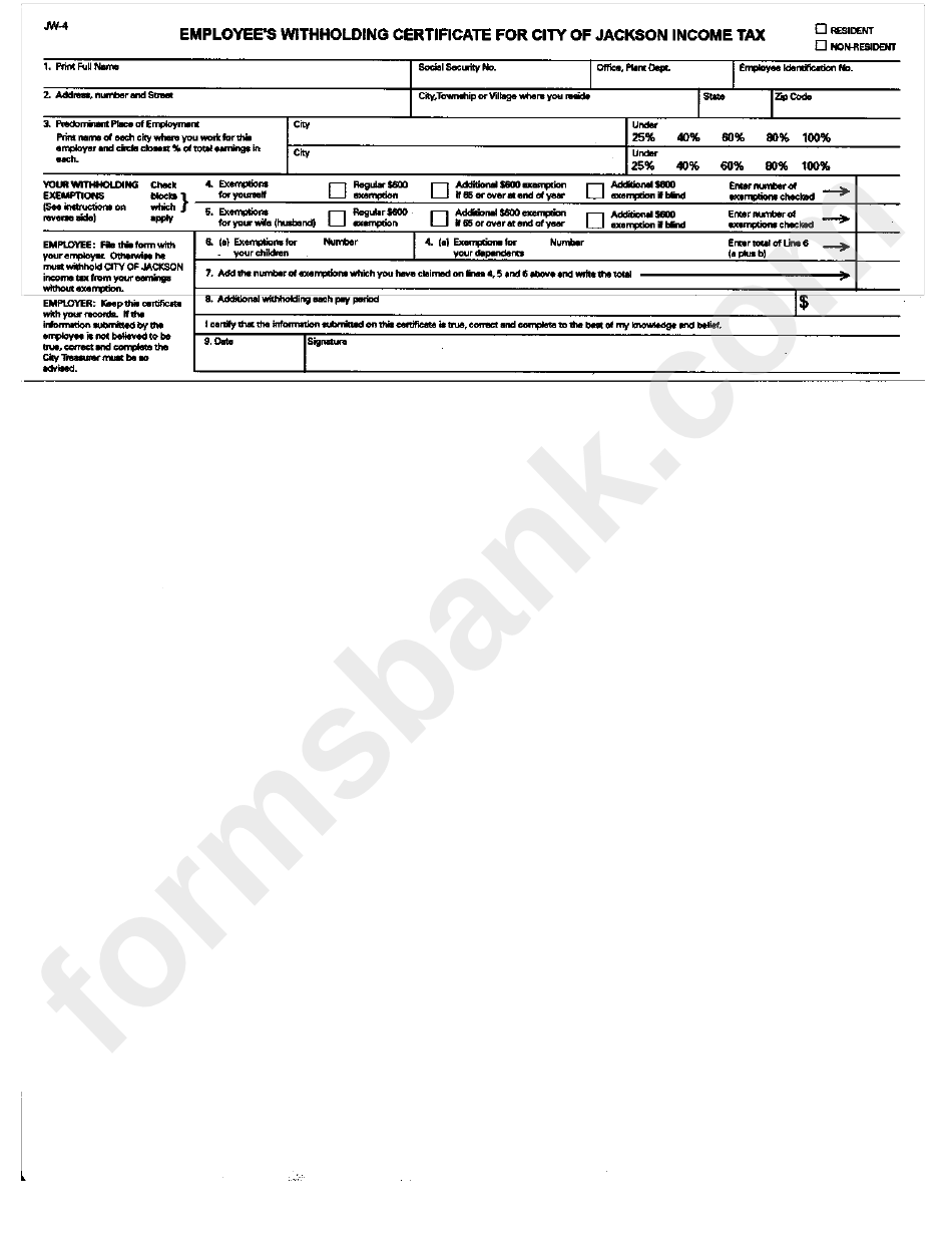 Form Aw4 Employee'S Withholding Certificate For City Of Jackson