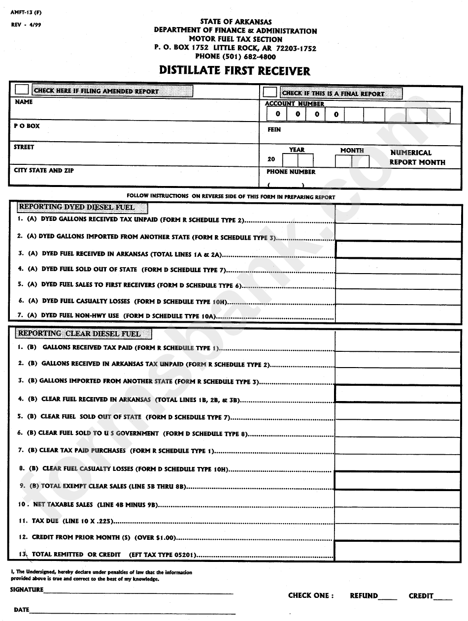 Form Amft13 Distillate First Receiver Arkansas Department Of