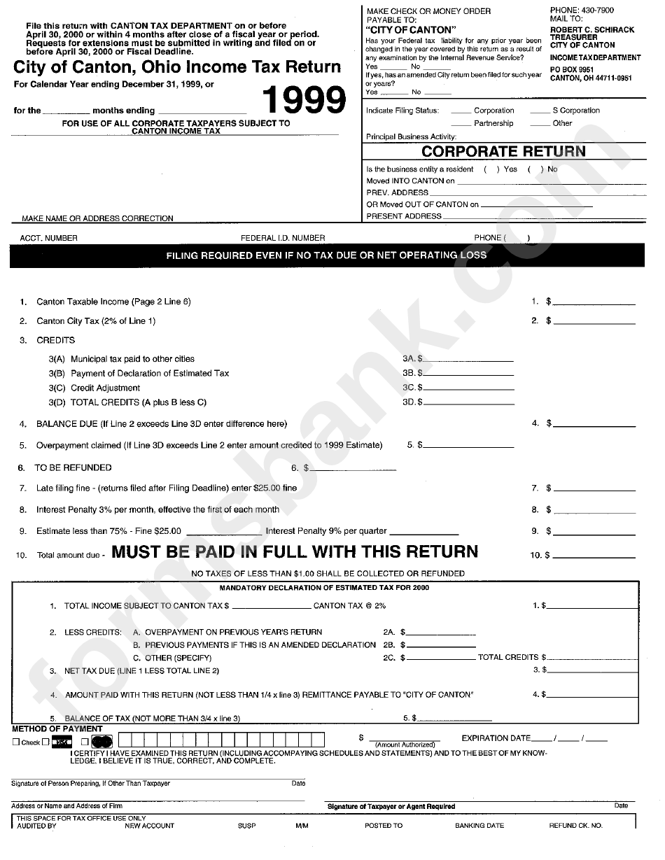 Ohio Tax Return City Of Canton, 1999 printable pdf download