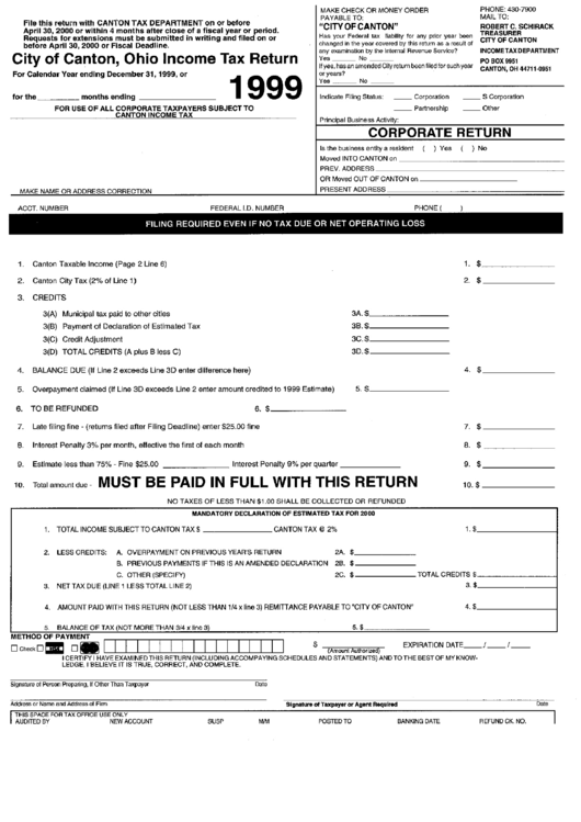 Ohio Tax Return City Of Canton, 1999 printable pdf download