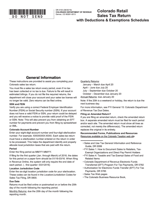 Colorado Retail Sales Tax Return With Deductions & Exemptions Schedules