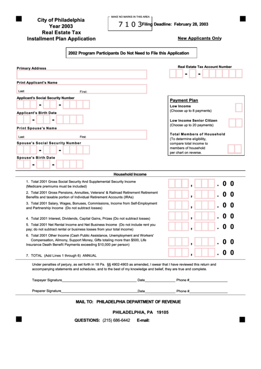 Real Estate Tax Installment Plan Application 2003 City Of