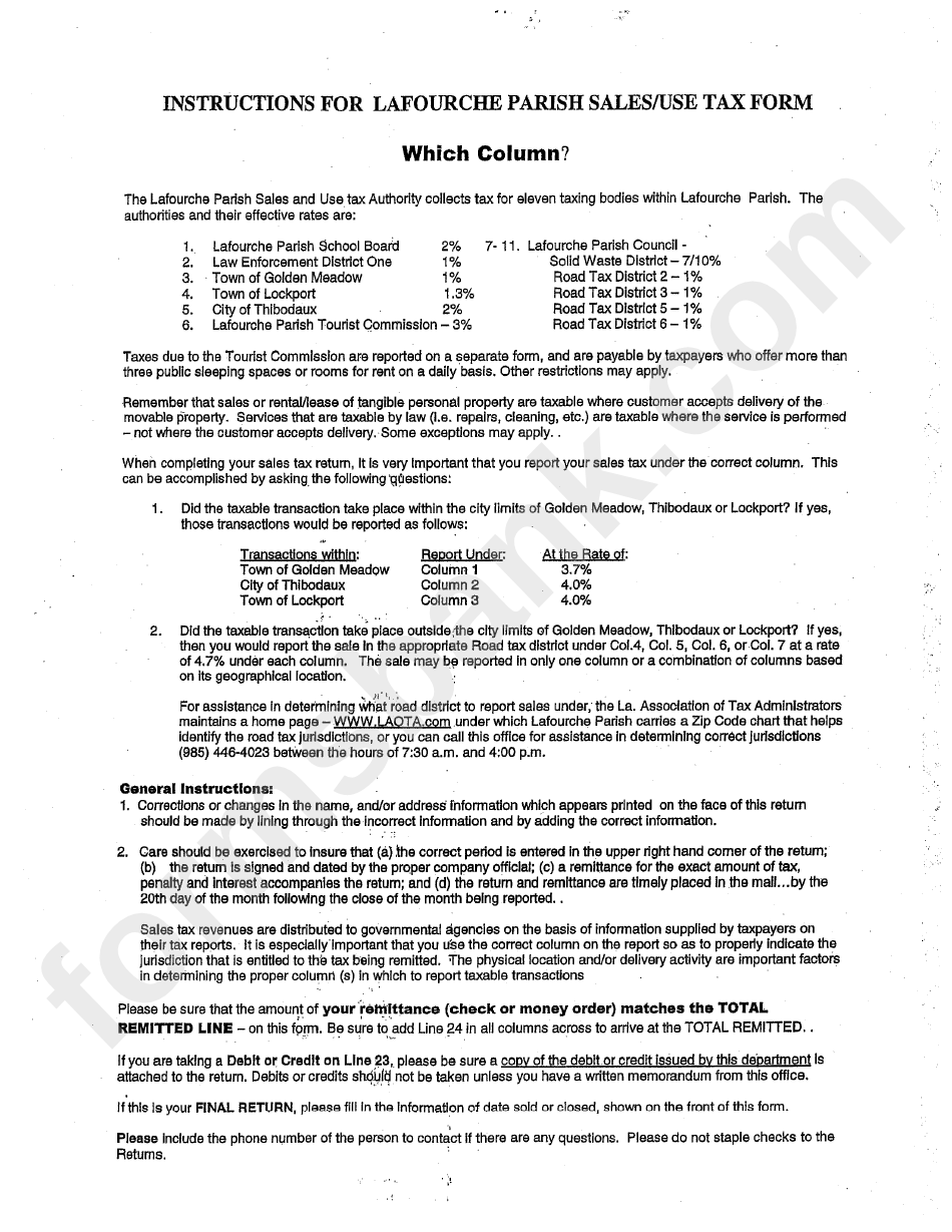 Instructions For Lafourche Parish Sales/use Tax Form printable pdf download