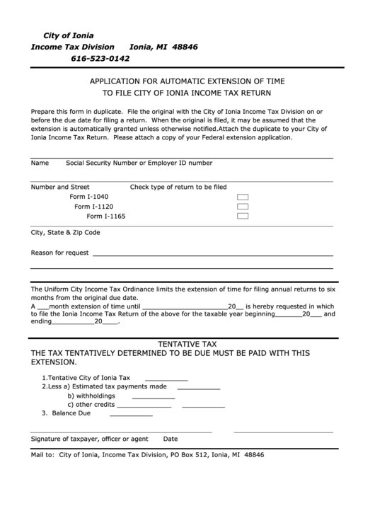 Fillable Application For Automatic Extension Of Time To File City Of Ionia Tax Return