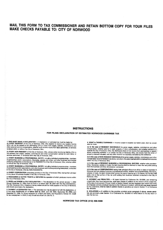 Instructions For Filing Declaration Of Estimated Norwood Earnings Tax