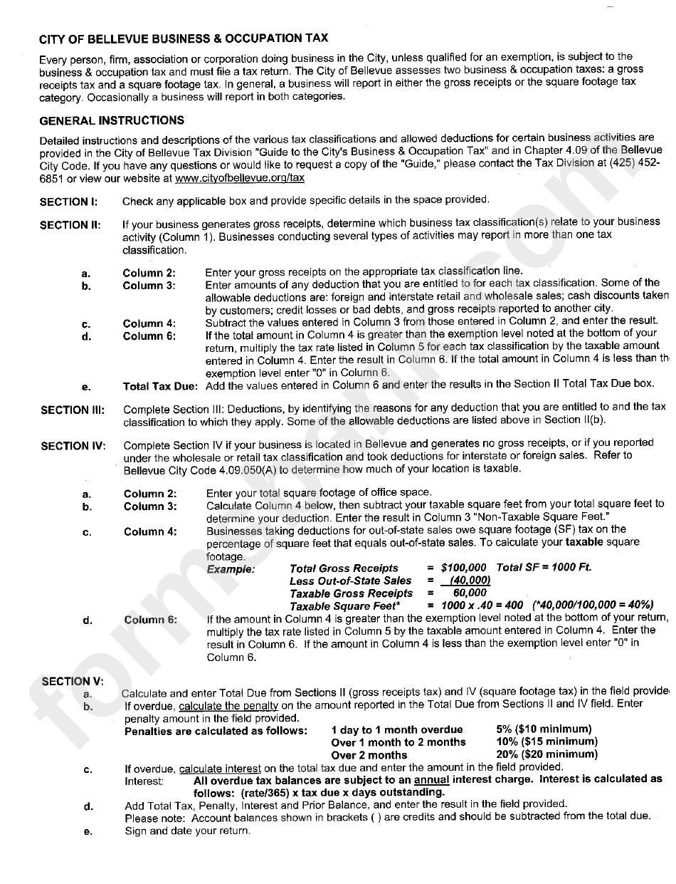 City Of Bellevue Business And Occupation Tax General Instructions