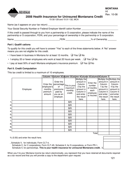 Montana Form Hi 2008 Health Insurance For Uninsured Montana Credit