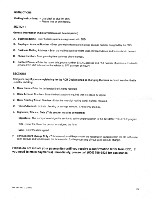 Instructions For Form De 267 Electronic Funds Transfer (Eft