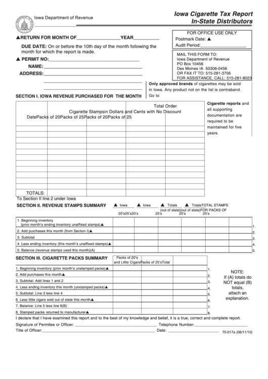 Form 70017a Iowa InState Distributors Cigarette Tax Report printable pdf download