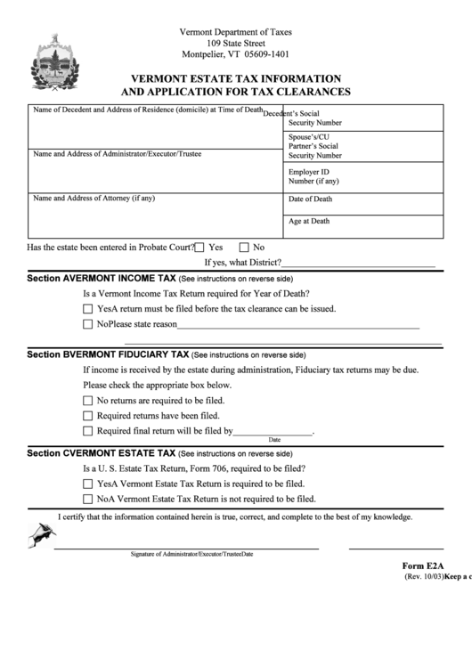 Form E2a Vermont Estate Tax Information And Application For Tax