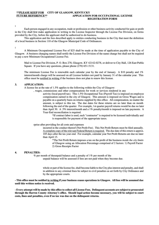 Application For Occupational License City Of Glasgow printable pdf