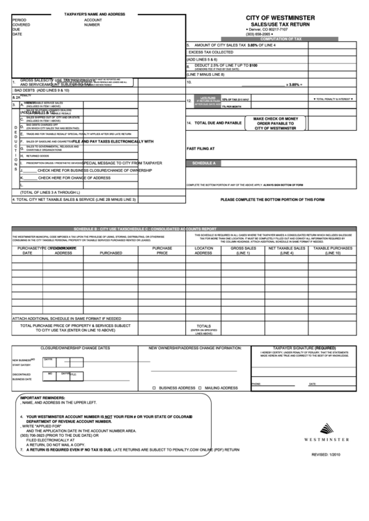 Fillable Sales/use Tax Return City Of Westminster printable pdf download