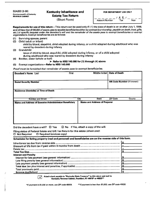 Form 92a203 Kentucky Inheritance And Estate Tax Return 2000