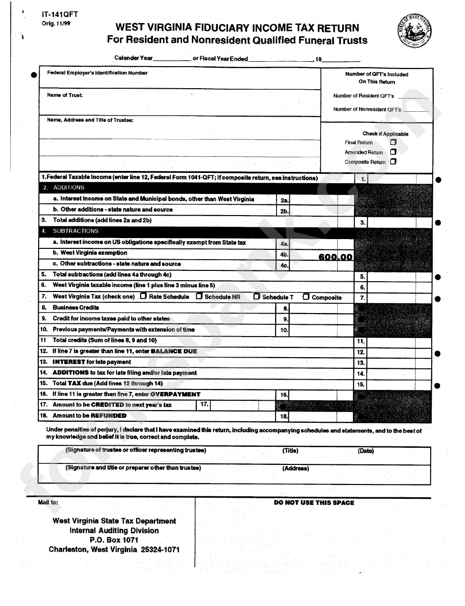 Form It141qft West Virginia Fiduciary Tax Return For Resident