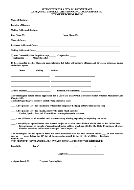 Application For A City Sales Tax Permit City Of Ketchum printable pdf
