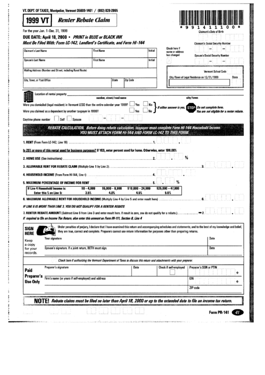 Form Pr141 Renter Rebate Claim Vermont Department Of Taxes 1999
