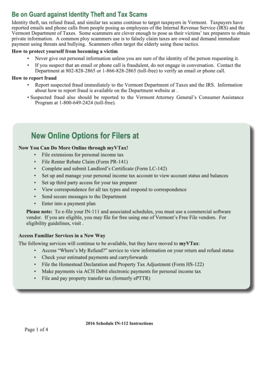 Schedule In112 Instructions Vermont Tax Adjustments And Credits printable pdf download