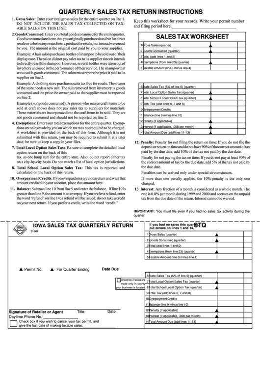 Form Stq Quarterly Sales Tax Return Instructions 2004 printable pdf