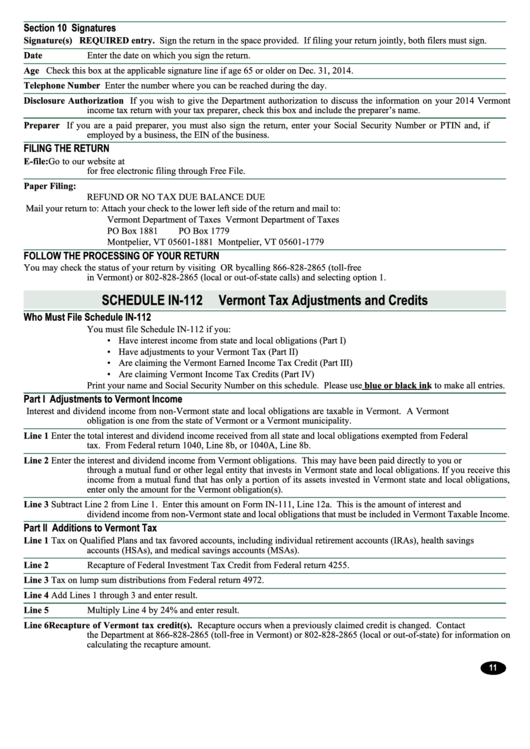 Instructions For Schedule In112 Vermont Tax Adjustments And Credits