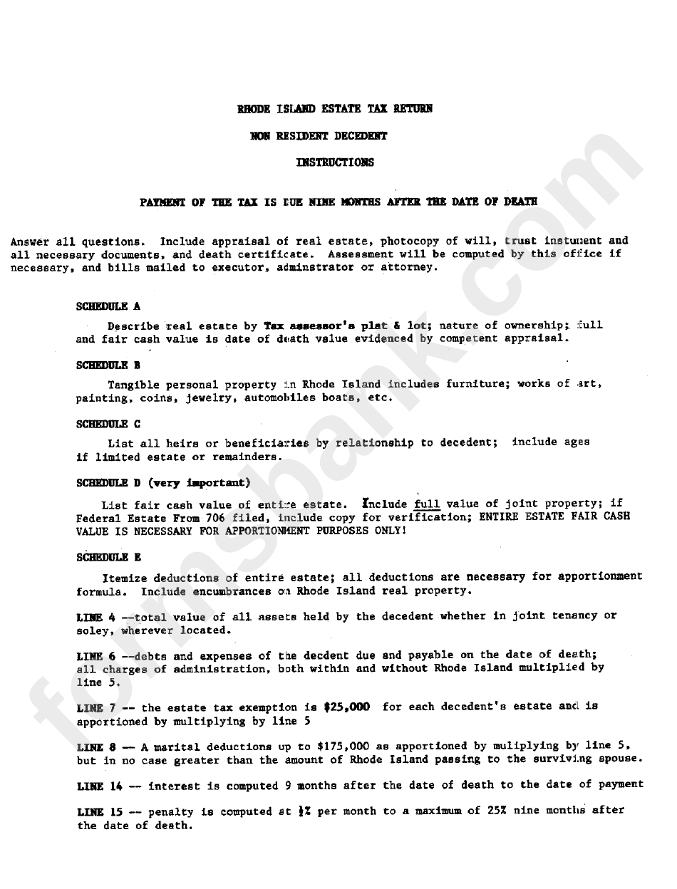 Rhode Island Estate Tax Return Non Resident Decedent Instructions printable pdf download