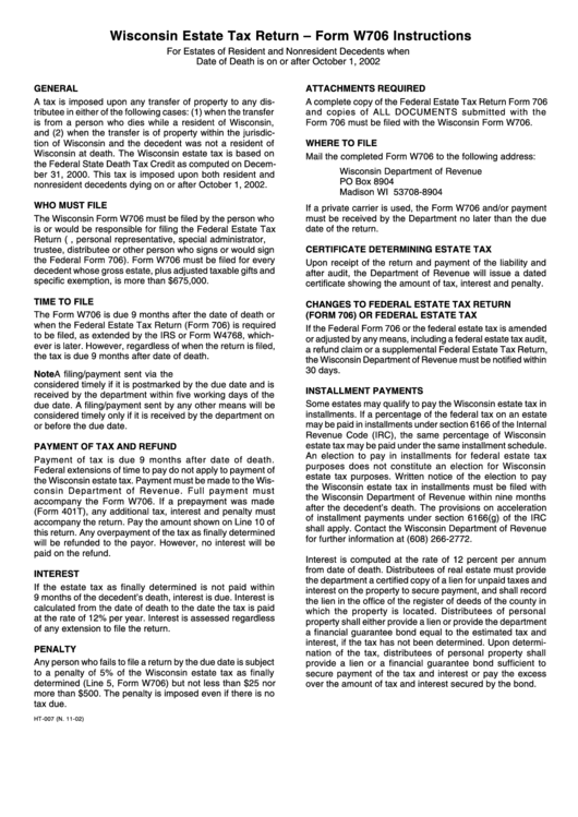 Wisconsin Estate Tax Return Form W706 Instructions printable pdf download