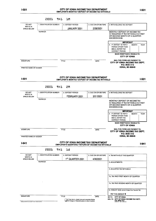 Form I501 Employer'S Monthly Deposit Of Tax Withheld City Of Ionia 2001 printable